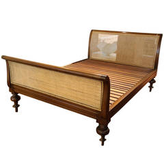 Vintage Wooden Sleigh Bed with Cane Detail in Queen-Size