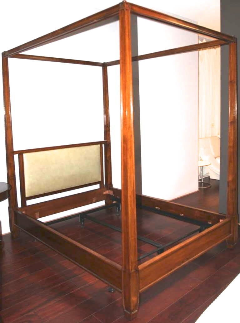 FourPoster QueenSized Wooden Bed with Upholstered Headboard For Sale