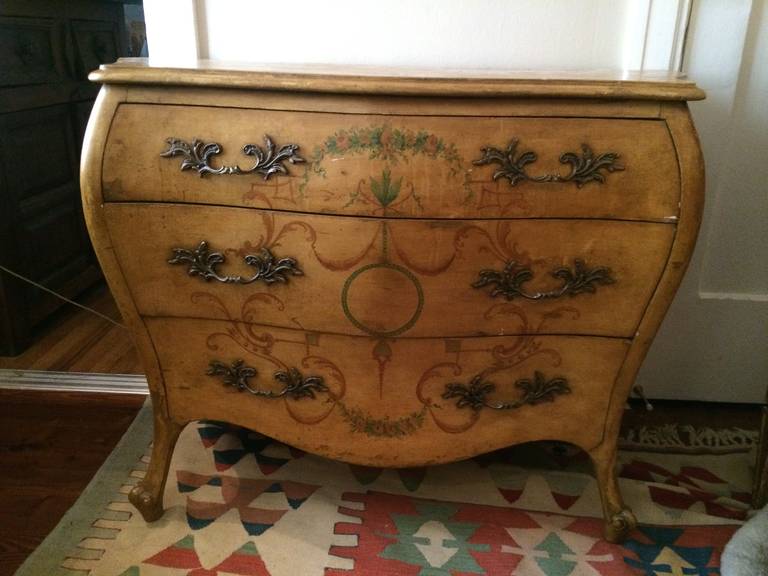 Hand painted Italian style Florentine 3 drawer dresser. The base color is an antique harvest gold with green and umber accents. This piece could go in a bedroom or front entry way.