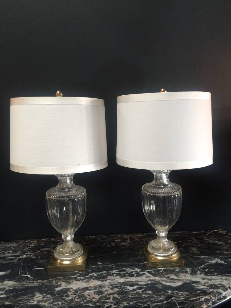 Glass Pair of Crystal or Brass Urn Table Lamps