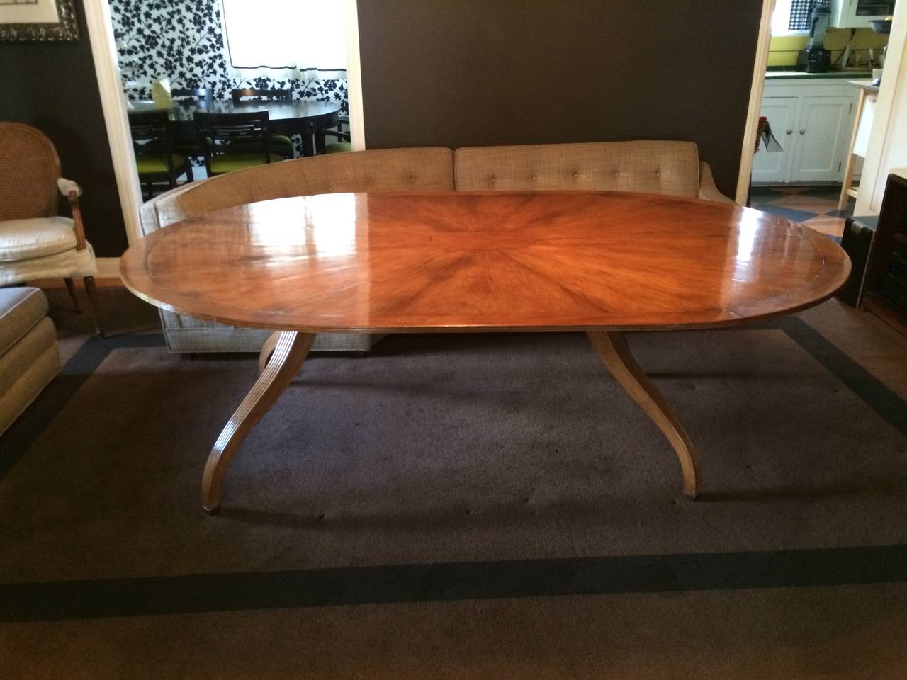 Beautifully made dining room table by Rose Tarlow Melrose House - sunburst pattern top and custom fitting top to base.  - seats 8 comfortably