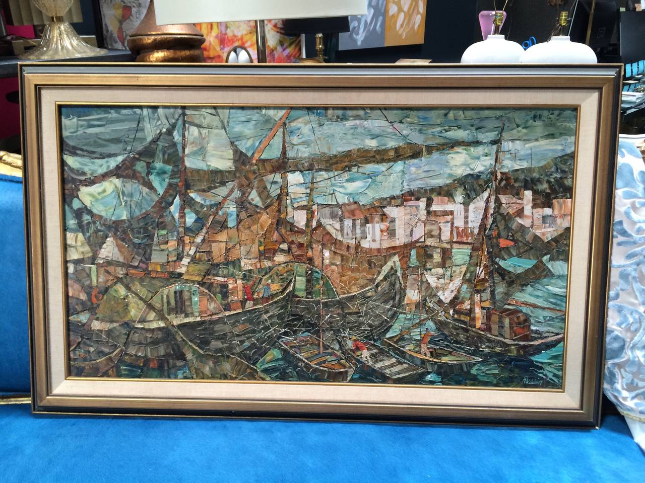Unique painting of ships in harbor painted in a mosaic style, frame in good condition, but not new.