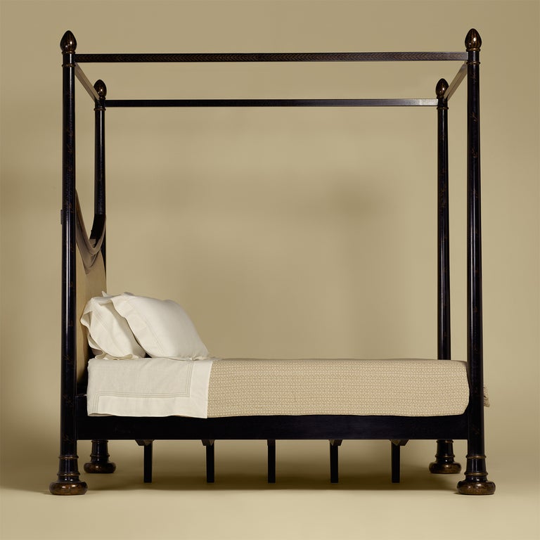 The Prince Charles bed is number 604 By Rose Tarlow- Queen size - Four posts with finials, canopy rails and concave upholstered headboard. Finished in tete de negre crackled lacquer with chinoiserie - - purchased for a client and not used -
