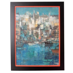 signed Kalisch Painting of boats in harbor