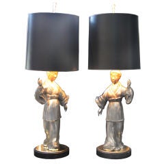 Vintage Pair of Asian Figure Zinc Lamps