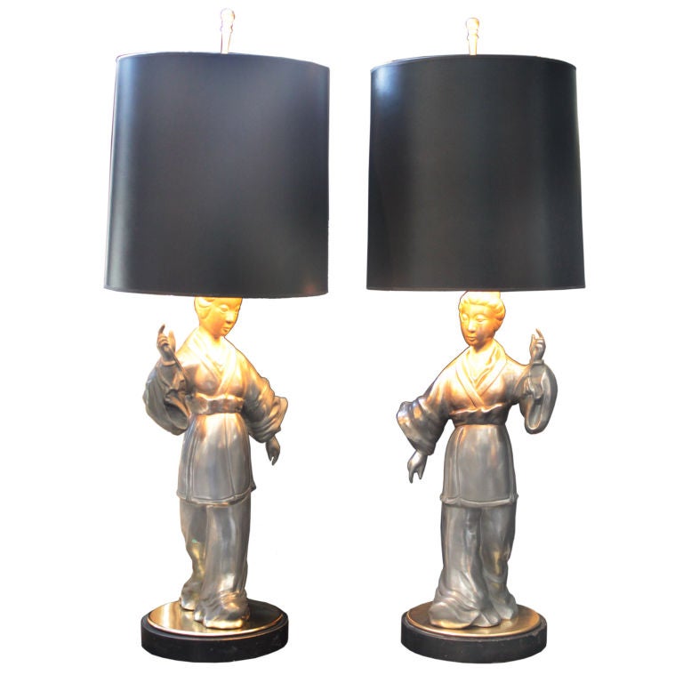 Pair of Asian Figure Zinc Lamps