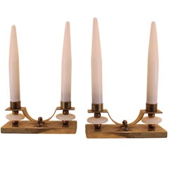 Pair of Jacques Adnet Brass and Glass Candlestick Lamps