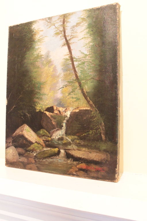 Peinture à l'huile d'un ruisseau dans la forêt par Hugh Bolton Jones - H. Bolton Jones était un paysagiste primé de la fin du XIXe siècle, dont les peintures de scènes pastorales ont été largement exposées aux États-Unis au tournant du siècle.

Né