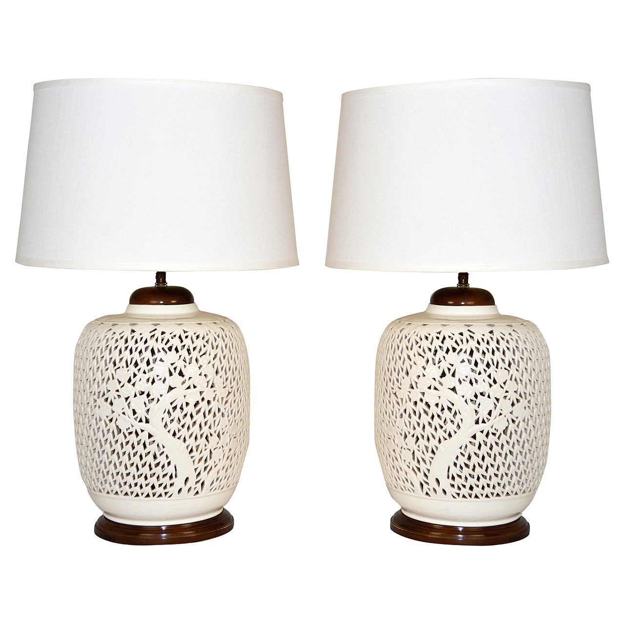 Pair of Reticulated Porcelain Blanc de Chine Lamps