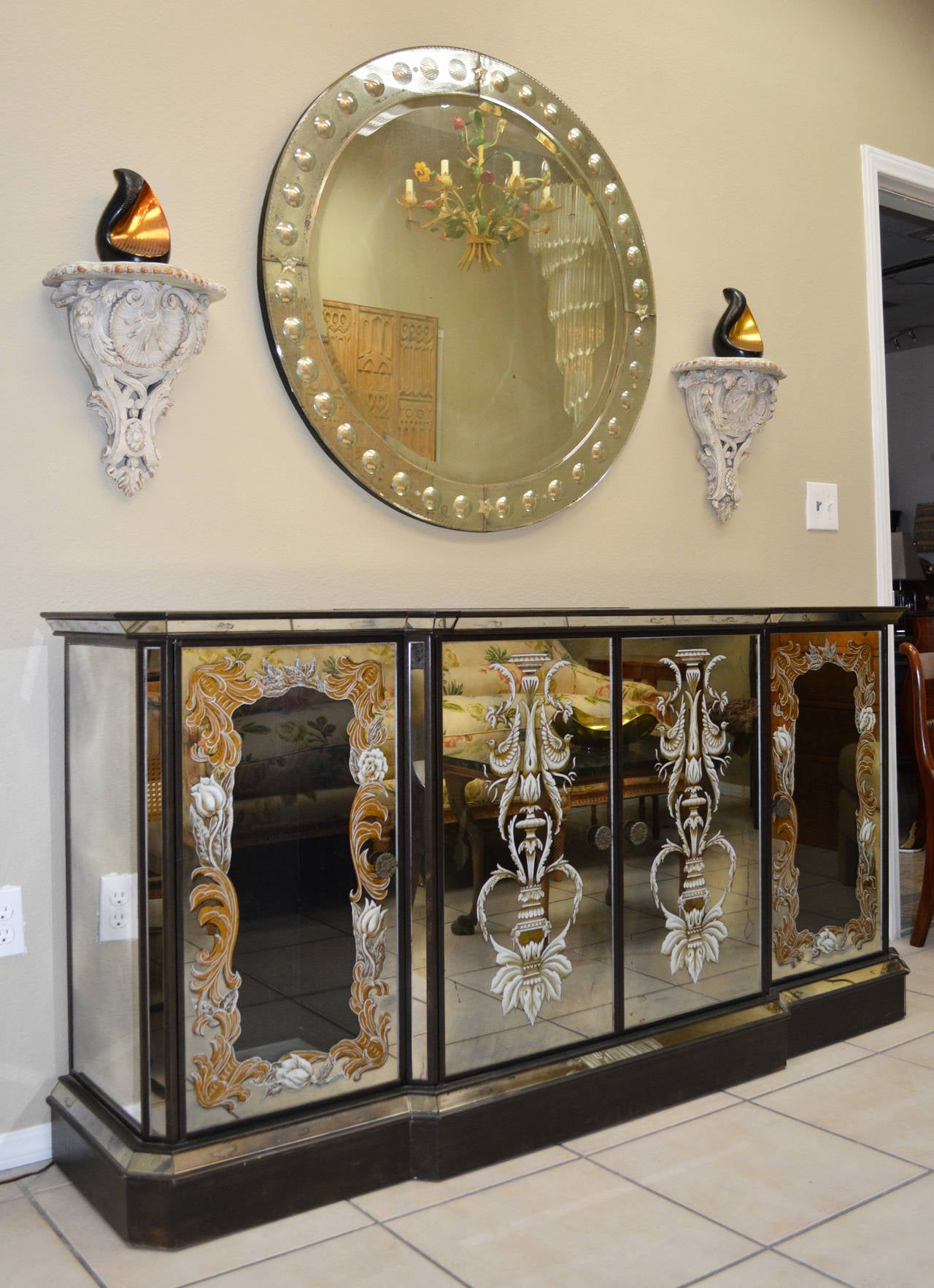French Mirrored Eglomise Cabinet with Bar