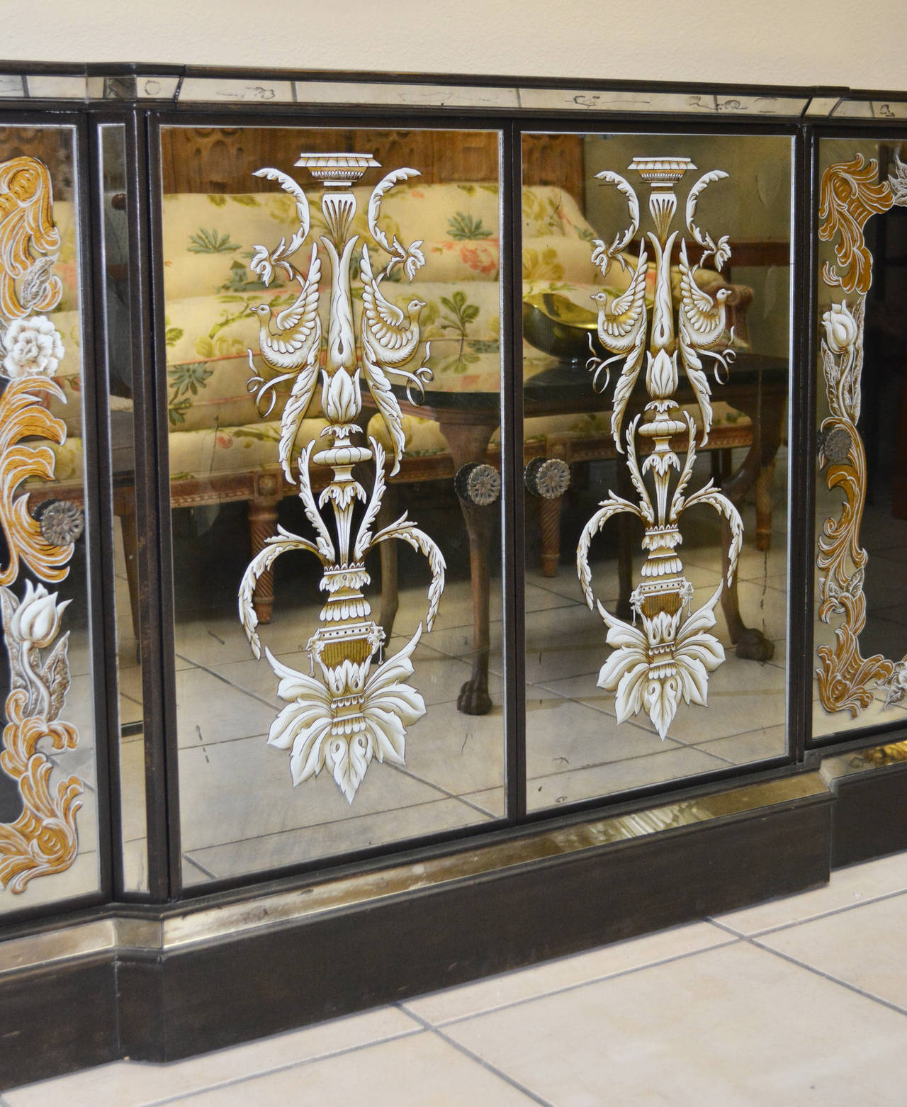 Mirrored Eglomise Cabinet with Bar In Good Condition In Palm Springs, CA