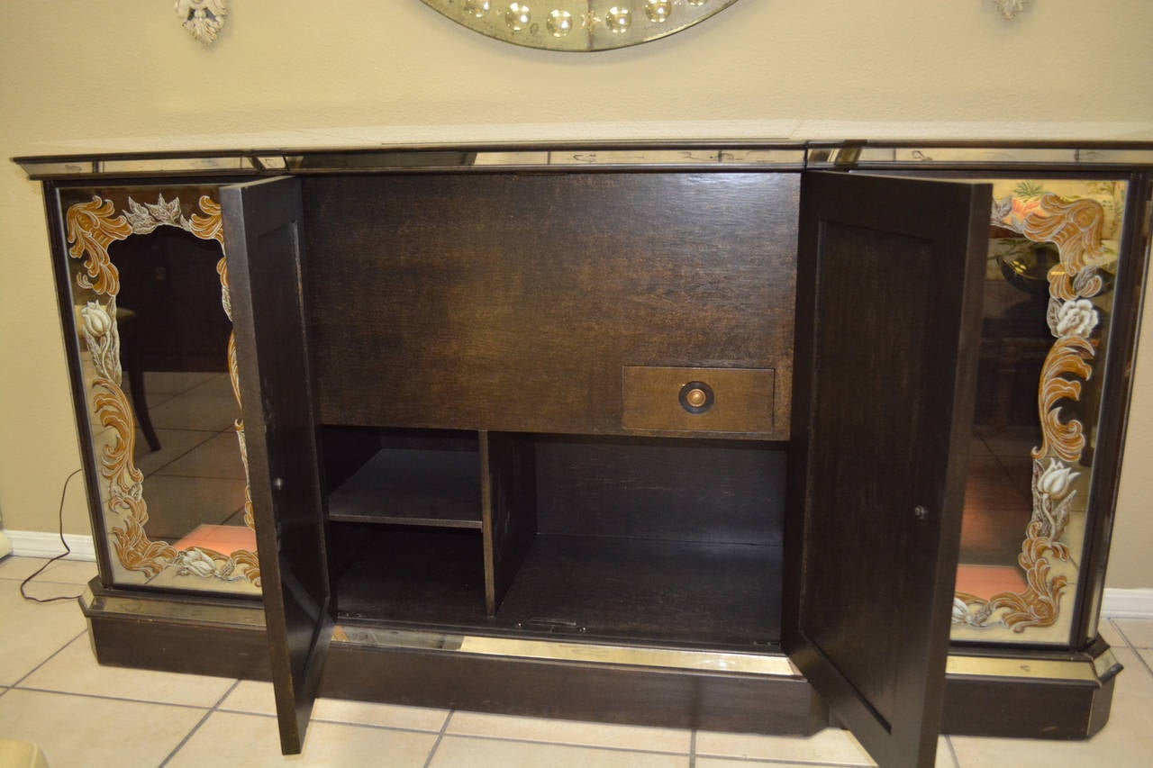 Glass Mirrored Eglomise Cabinet with Bar