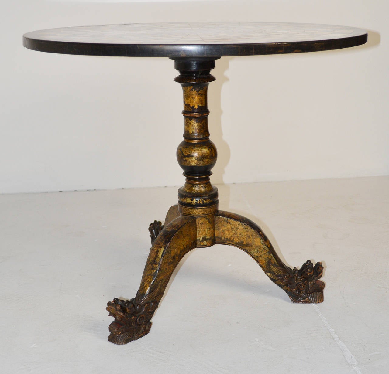 British Excellent English Slate and Marble Mosaic Table with Chinoiserie Tripod Base For Sale