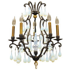 Mid-Century Wrought Iron and Opaline Glass Chandelier