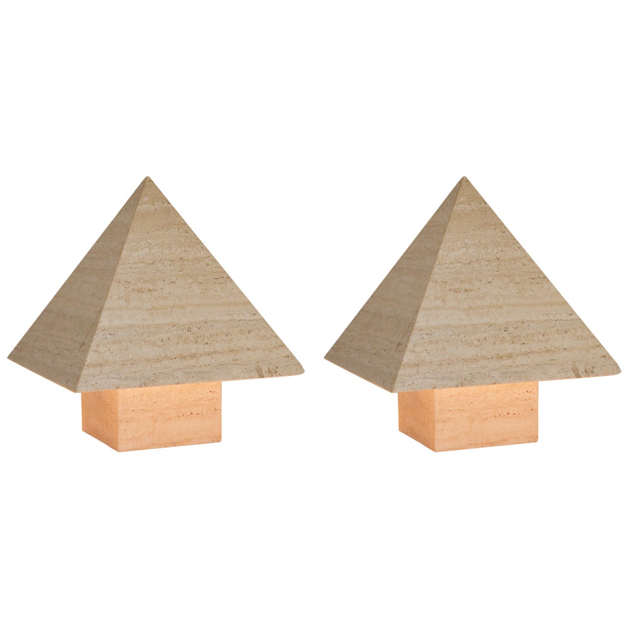 Pair of 1970s Italian Travertine Pyramid Lamps