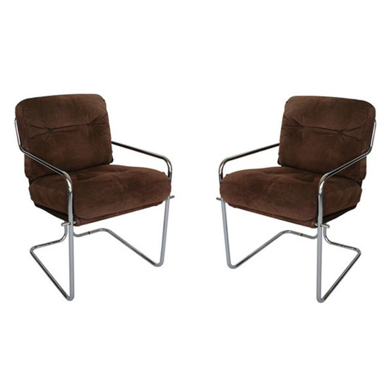 Pair of Milo Baughman suede and chrome armchairs For Sale