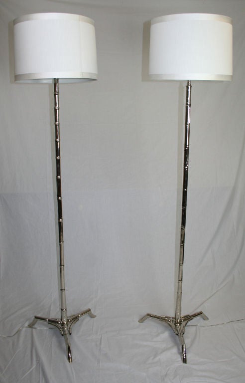 Assembled Pair of Nickel Plated Faux Bamboo Floor Lamps
