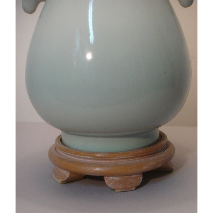 American Pair of Celadon Lamps with Sculptural Handles For Sale