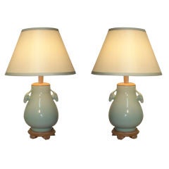 Pair of Celadon Lamps with Sculptural Handles 7