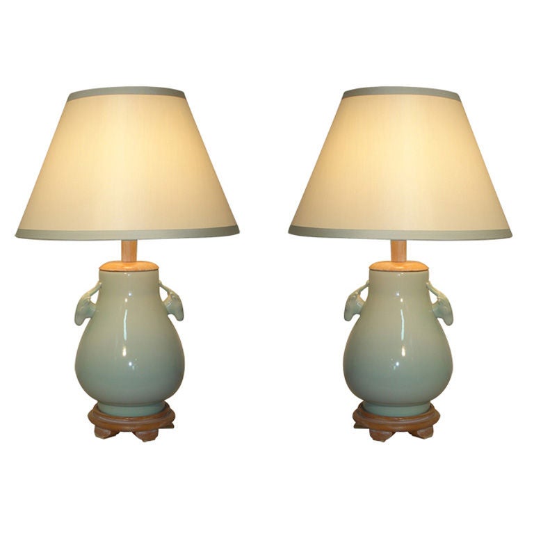 Pair of Celadon Lamps with Sculptural Handles For Sale