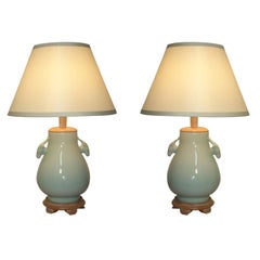 Used Pair of Celadon Lamps with Sculptural Handles