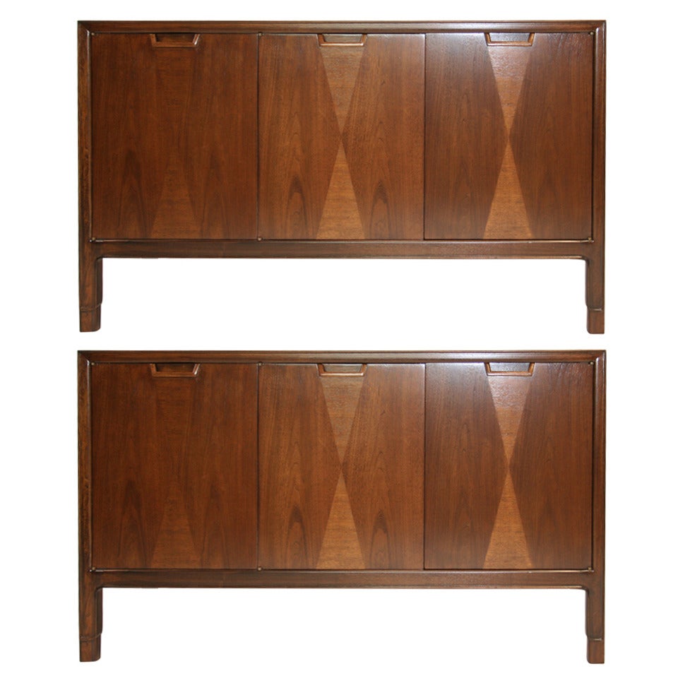 Pair of Mid-Century Three Door Walnut Cabinets
