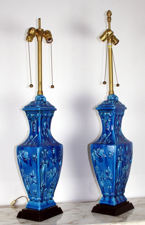 Brass Pair of Turquoise Glazed Lamps For Sale
