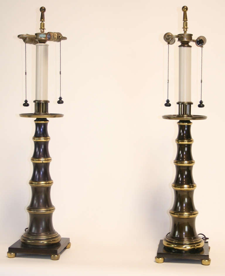 Mid-Century Modern Chic Pair of Bronze and Brass Faux Bamboo Lamps For Sale