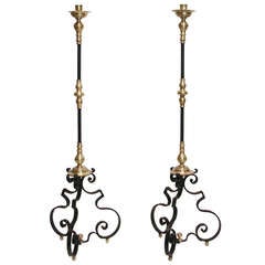 Antique Pair of Wrought Iron and Brass Torchieres