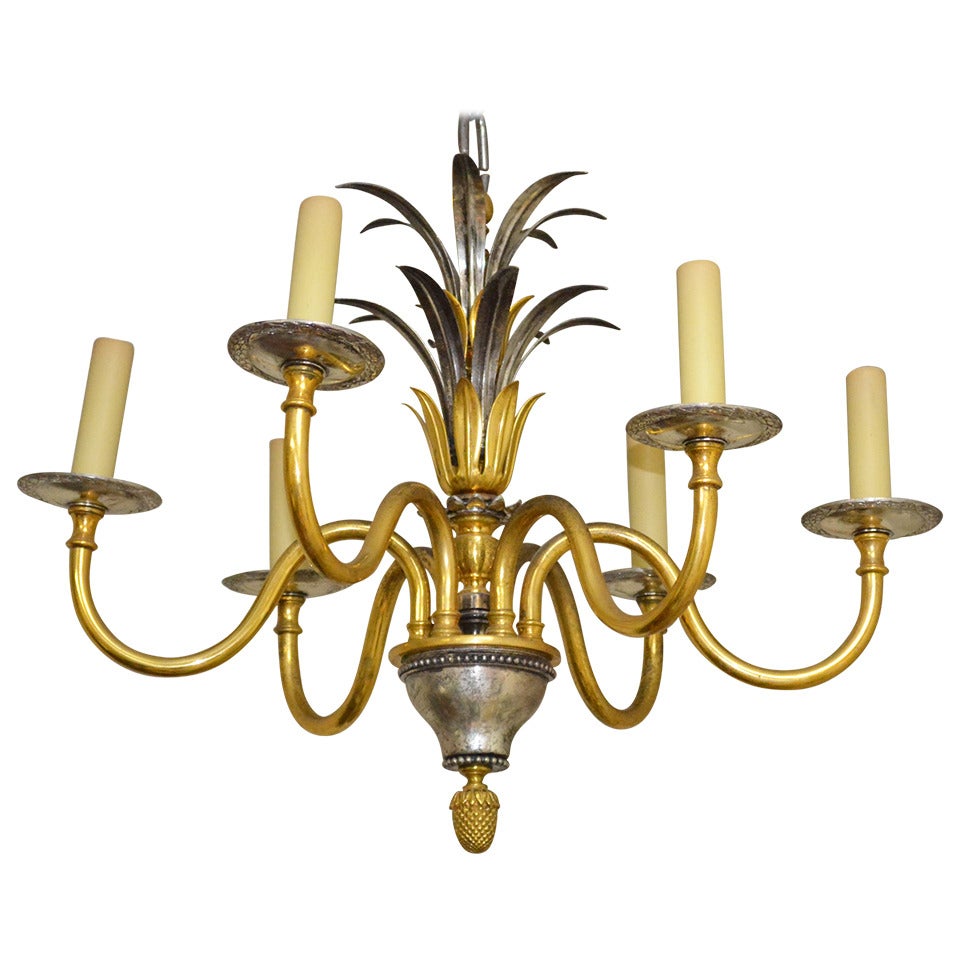 French Nickel and Gilt Bronze Palm Chandelier Attributed to Maison Charles For Sale