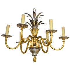 French Nickel and Gilt Bronze Palm Chandelier Attributed to Maison Charles