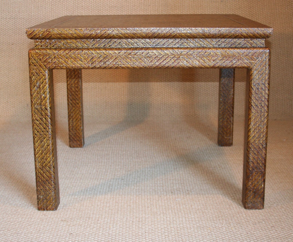 Mid-Century Modern Pair of Bronze Inlay Raffia Tables 