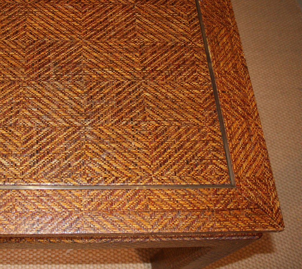 Pair of Bronze Inlay Raffia Tables  In Good Condition In Palm Springs, CA