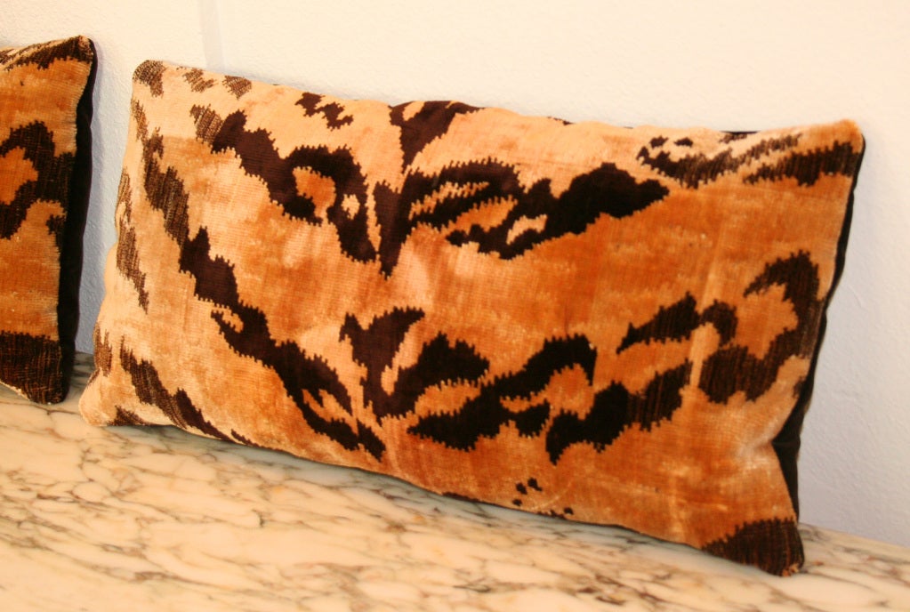 New pillow made from 1970's vintage hand loomed tiger stripe silk velvet. Beautiful patina. Backed with dark chocolate Gretchen Bellinger cotton velvet, hand-closed with down and feather inserts. One pillow available