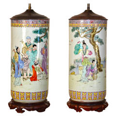 Pair of Monumental Famille Rose Chinese Lamps 11