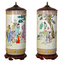 Pair of Monumental Famille Rose Chinese Lamps