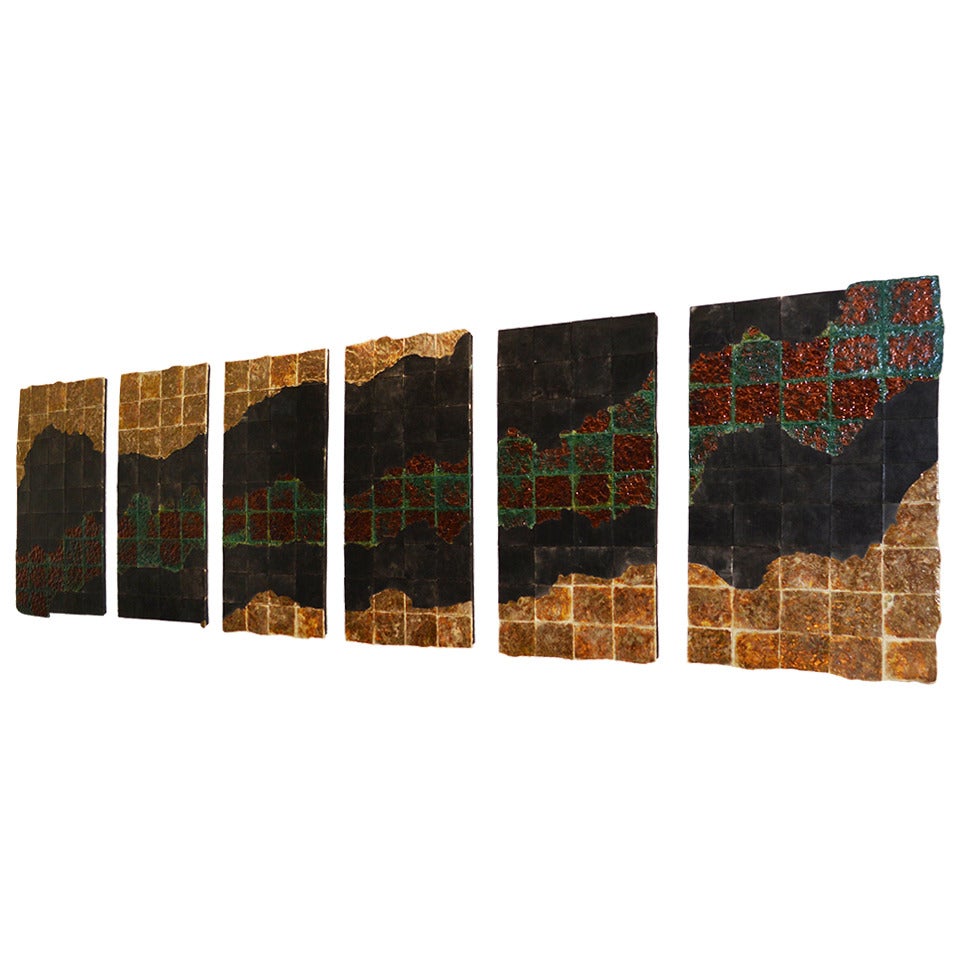 Set of Six Raku Tile Wall Panels For Sale
