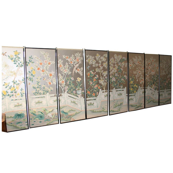 Creator: Gracie <br />
Period/Style: Chinoiserie<br />
Country: China<br />
Date: 1960's<br />
<br />
A Beautiful set of 8 mounted handpainted Chinese panels, probably by Gracie, comprising a garden scene on hammered silver paper. Beautiful