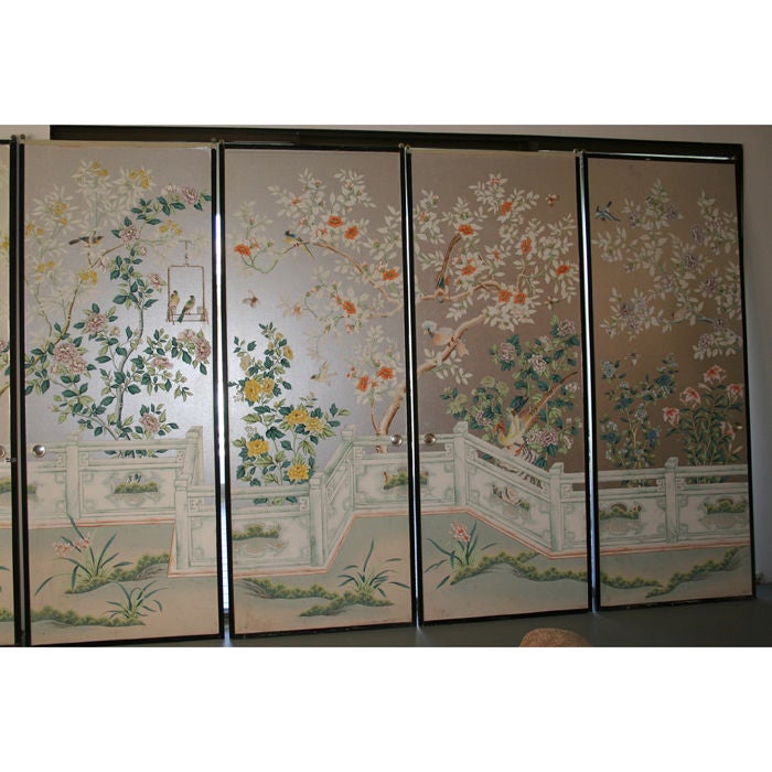 Late 20th Century set of 8 handpainted Chinoiserie wallpaper panels