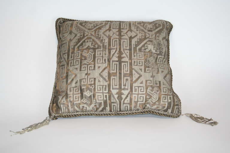 Vintage Fortuny Cuzco Pillow in black, tan, and silvery gold.