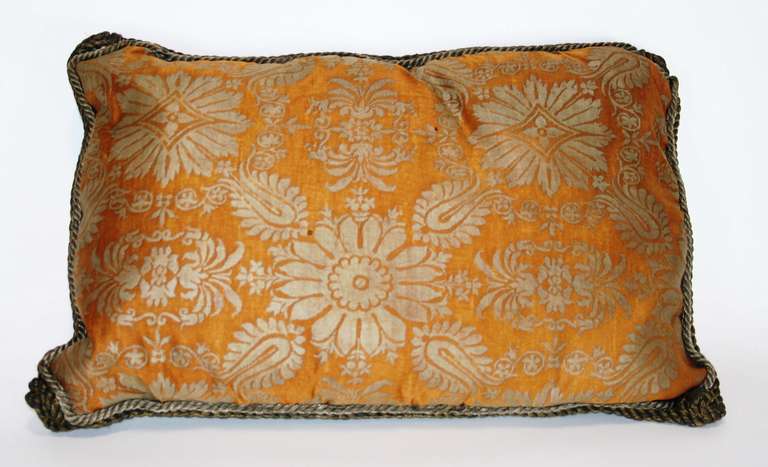 Pillow made from vintage Fortuny Impero in copper and silvery gold.