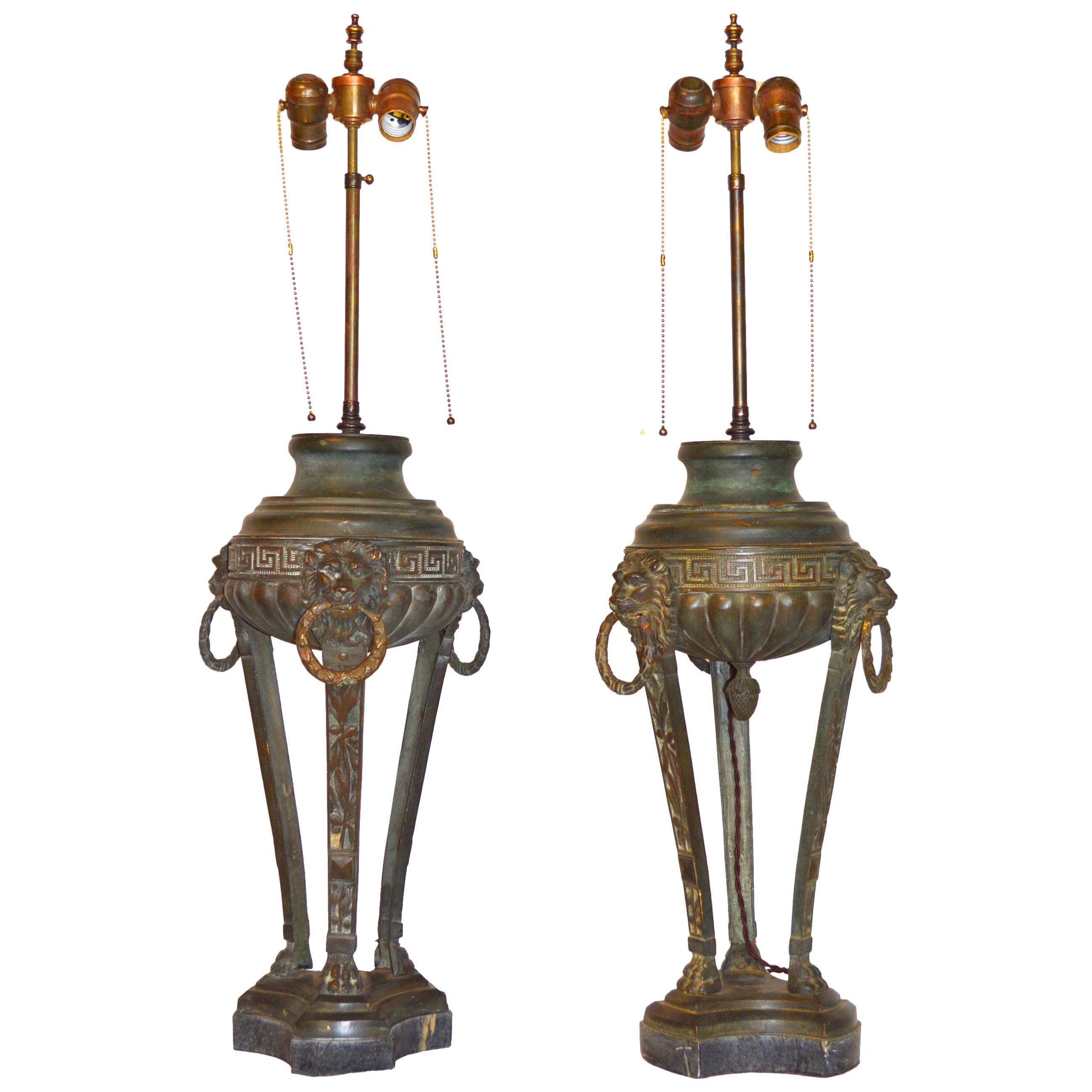 Pair of 19th Century Bronze Tripod Lamps For Sale