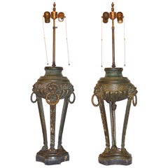Antique Pair of 19th Century Bronze Tripod Lamps