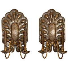 Pair of Dutch Brass Repousse Two-Light Sconces