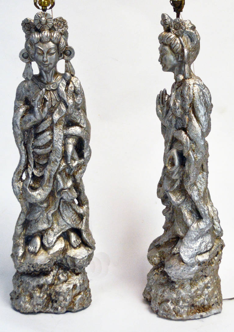 Pair of Monumental 1950s Asian Figure Lamps In Good Condition For Sale In Palm Springs, CA