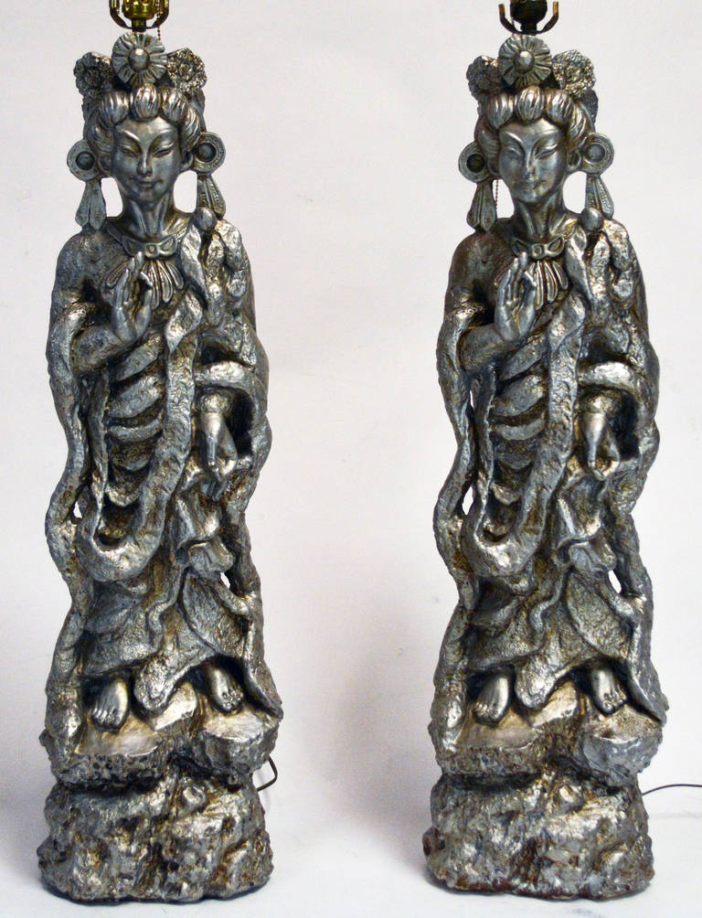 American Pair of Monumental 1950s Asian Figure Lamps For Sale