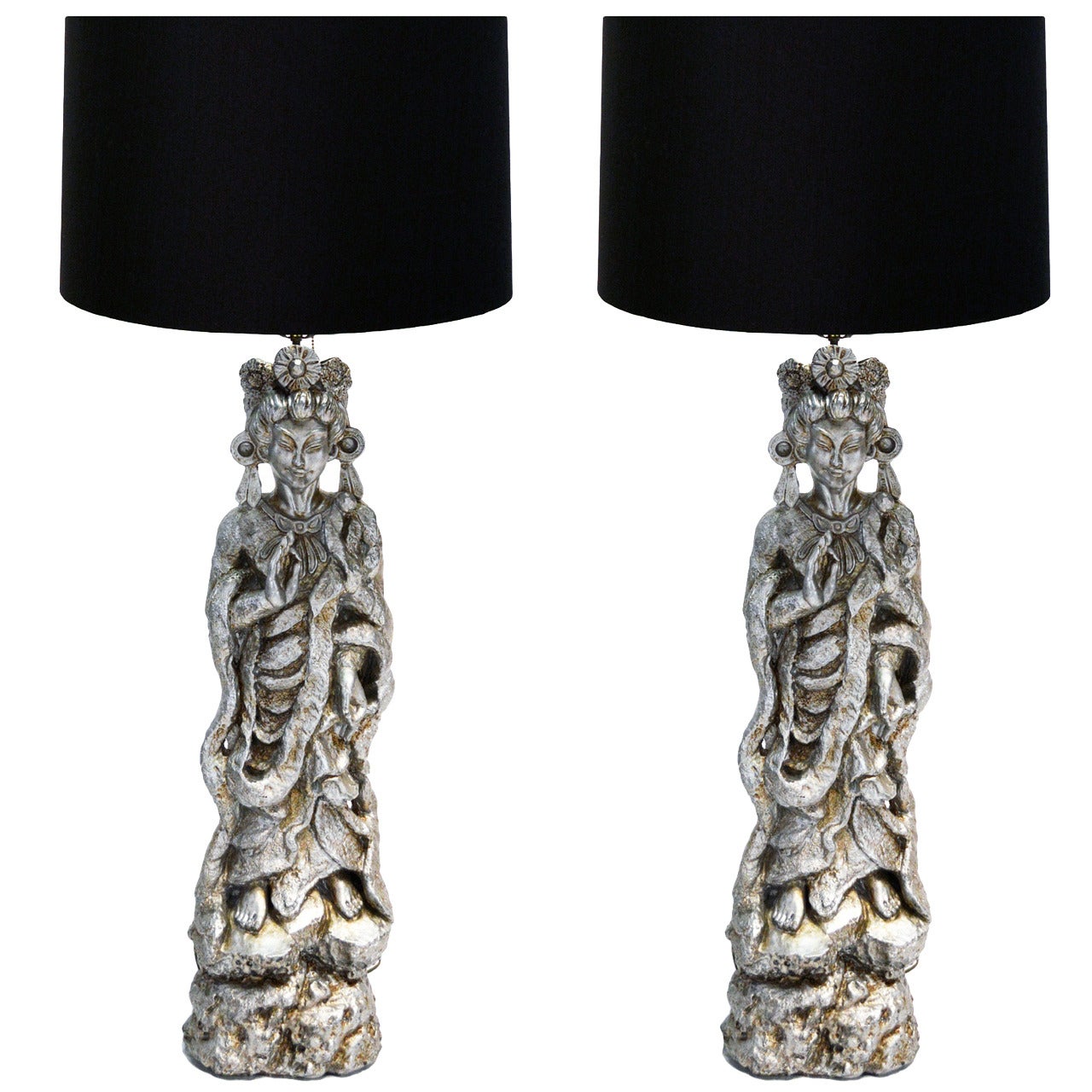 Pair of Monumental 1950s Asian Figure Lamps