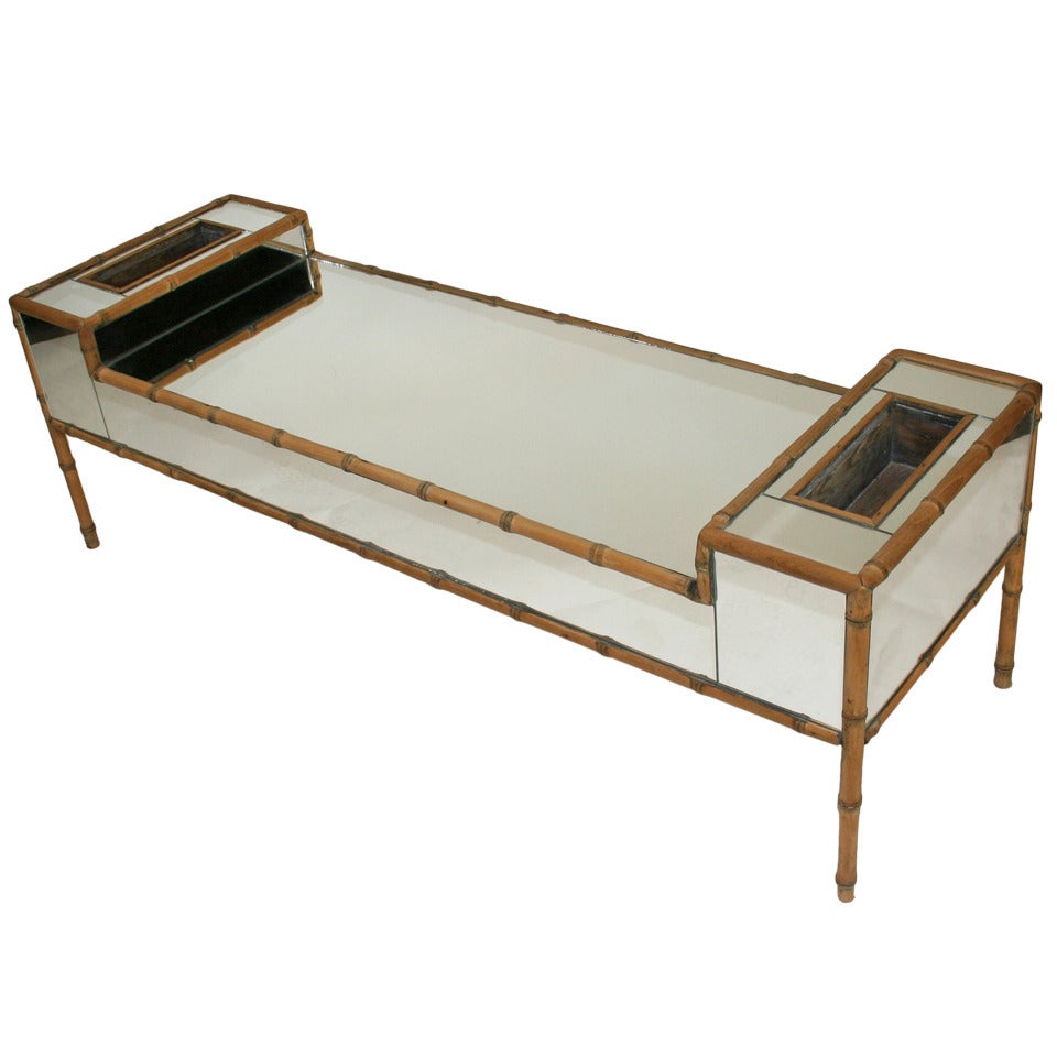 Hollywood Regency Faux Bamboo Mirrored Coffee Table