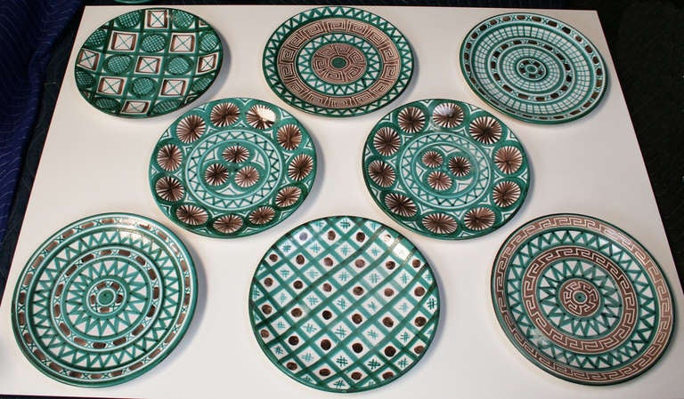 Vallauris pottery hand painted faience dinner set by Robert Picault, circa 1960, signed on back  