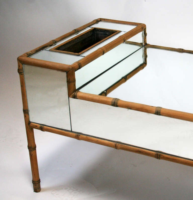 American Hollywood Regency Faux Bamboo Mirrored Coffee Table For Sale